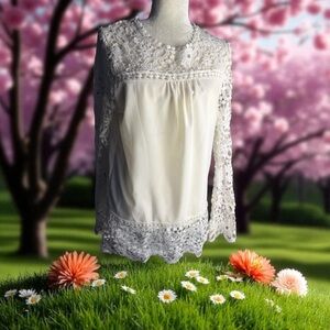 Unbranded Knitting Lace Cottage Core Relaxed White Blouse Crocheted Sleeves ZsM